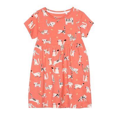 Girls' orange cat print jersey dress